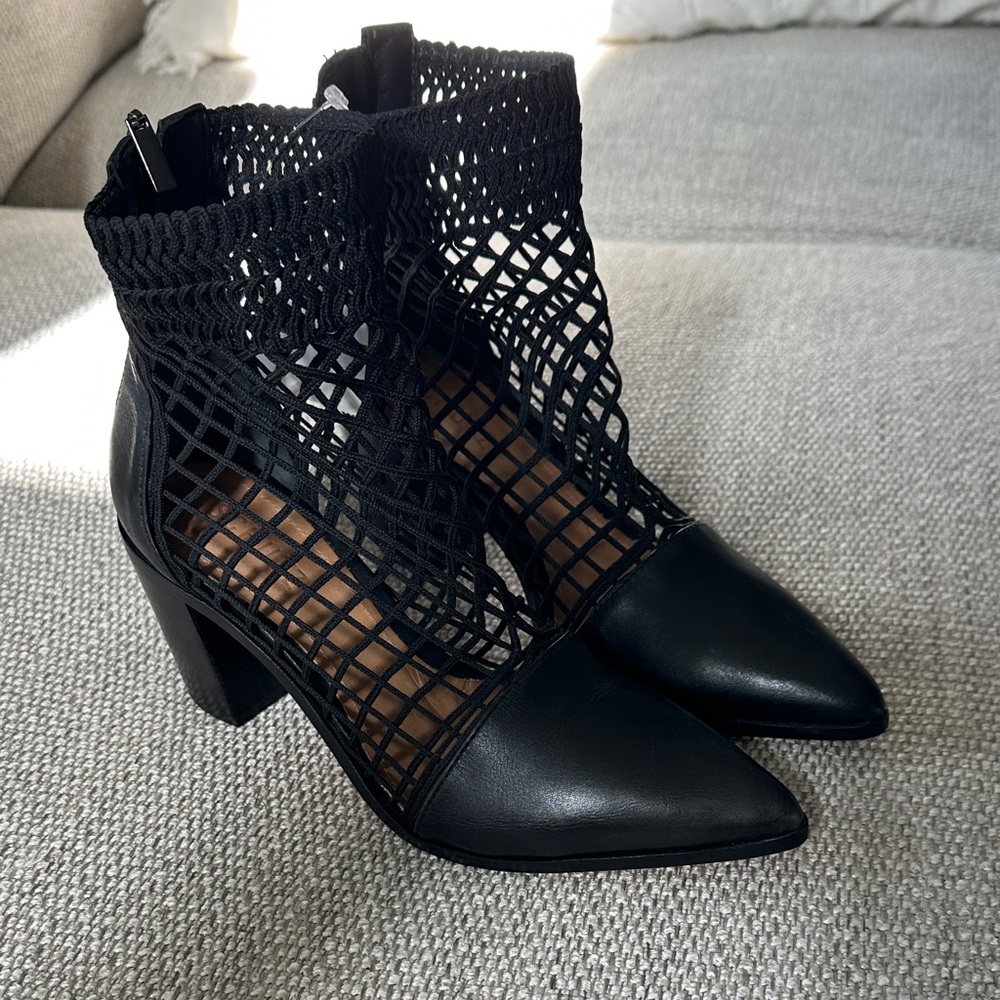 SCHUTZ Black Mesh Heeled Boots. NEVER WORN. Edgy and sexy!!